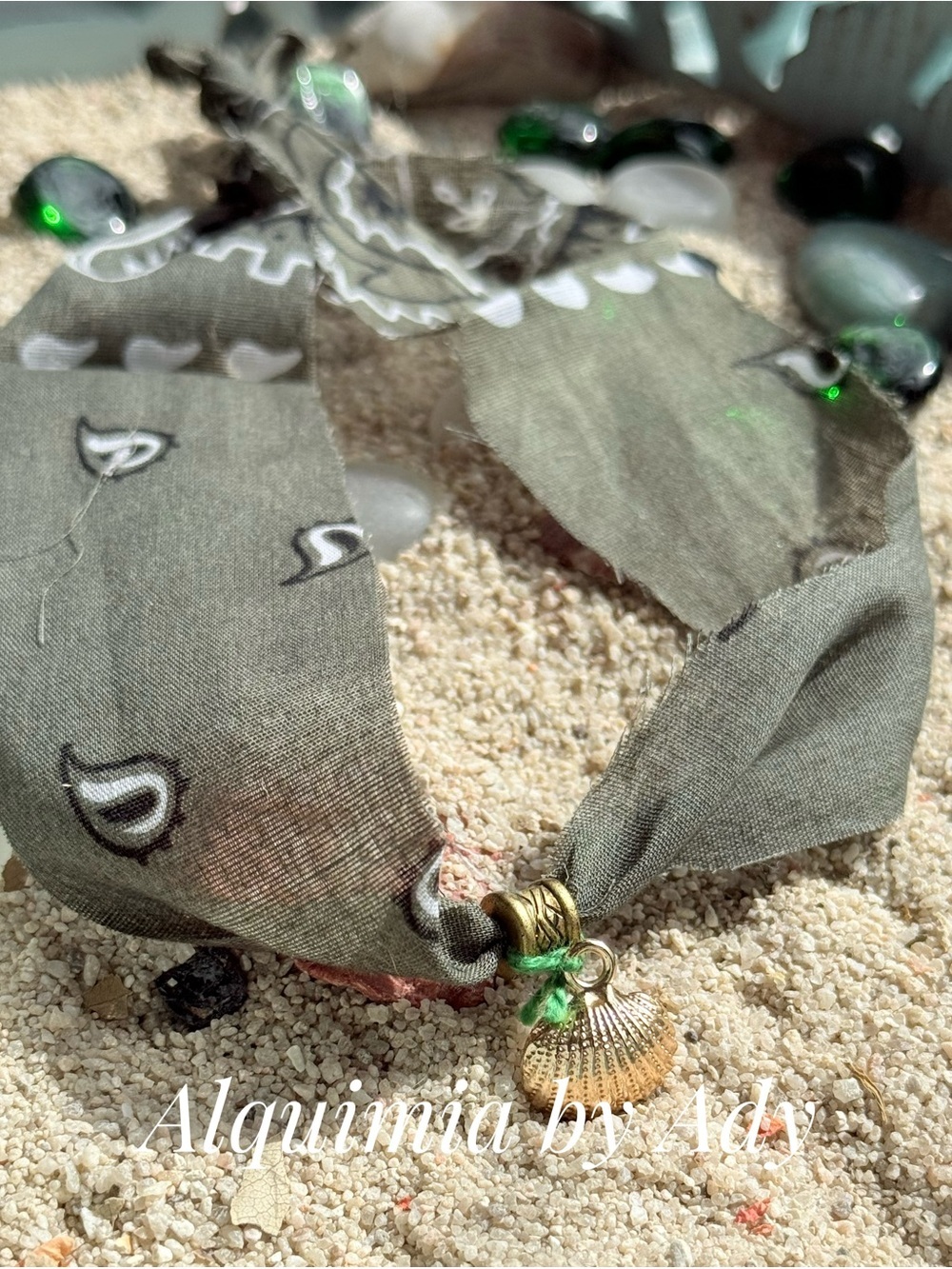 Olive Green bandanna Scarf Necklace with Gold Shell Charm